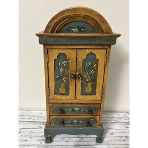 Hand Painted Vintage Dollhouse Armoire Folk Art Cabinet Dresser Cottage 19”
